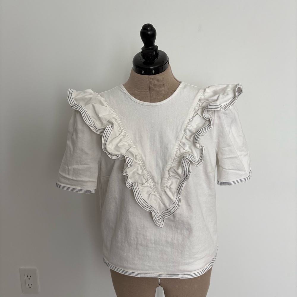 SAYLOR Womens Top Large White Blue Cotton Denim Stretch Ruffles Short Sleeve